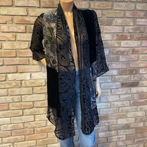 Anis A Black Sheer Patchwork Leaves Velvet Shawl S 90s Boho Whimsigoth Witchy